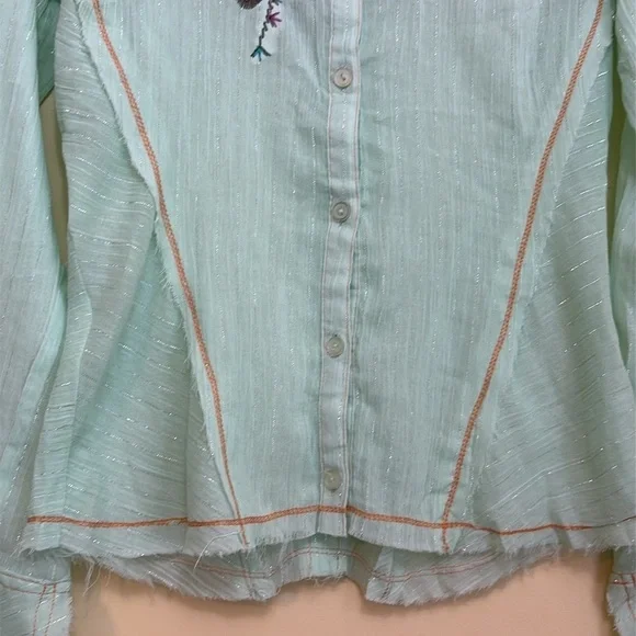 Aziz | Mint Green Floral Embroidered Metallic Thread Cotton Button Up Shirt M - Picture 10 of 17